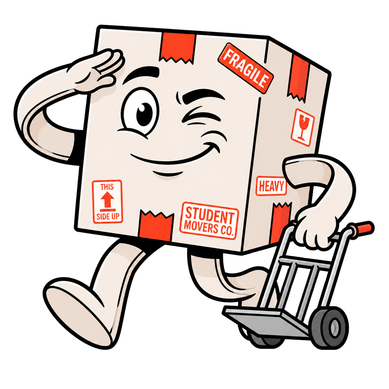 MOOV Rotterdam mascot — a winking cardboard box on a hand truck, ready to move your stuff